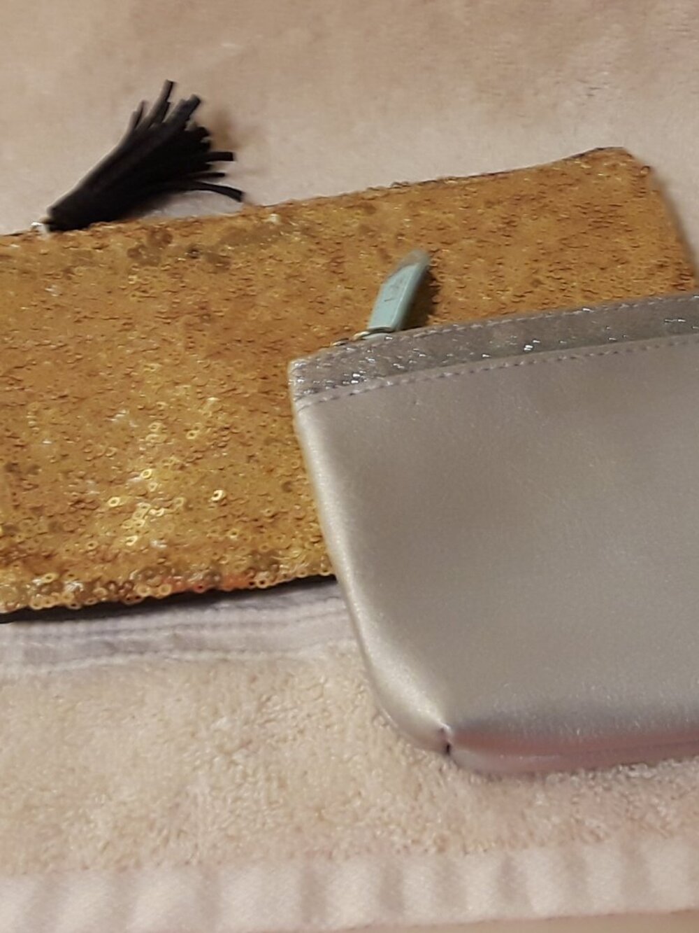 Set of 2 Ipsy Metallic Cosmetic Bags: Gold Sequin Black Tassel & Silver Aqua